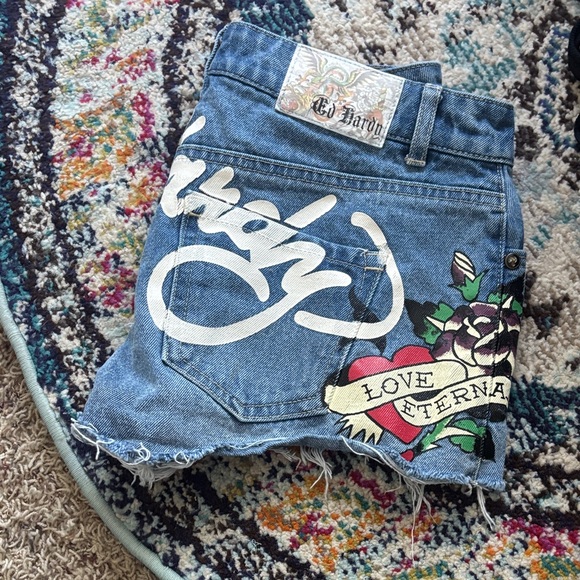Ed Hardy Pants - Ed Hardy Blue Denim Shorts with White Script and Multicolor Tattoo Heart